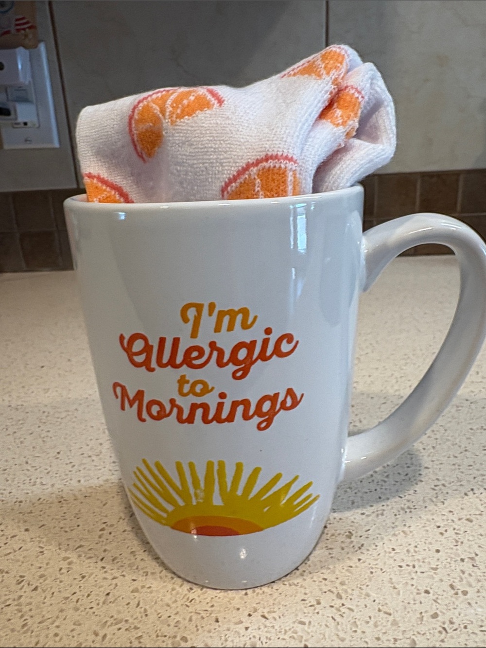 I'm Allergic to Mornings White Ceramic Coffee Mug NWT & New Orange Slice Socks